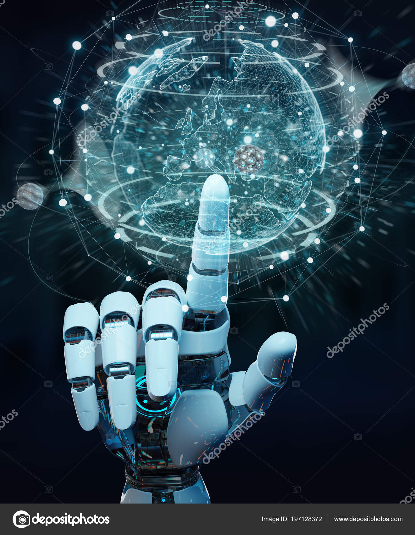 White Cyborg Hand Blurred Background Using Planet Earth Interface ...