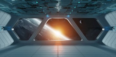 Uzay gemisi fütüristik gri mavi iç gezegende manzaralı toprak Nasa tarafından döşenmiş bu görüntü 3d işleme öğeleri