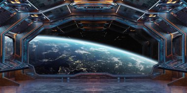 Grunge uzay gemisi Mavi ve turuncu iç gezegende manzaralı toprak Nasa tarafından döşenmiş bu görüntü 3d işleme öğeleri