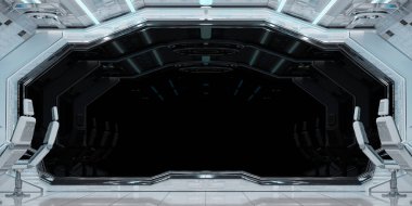 Siyah arka plan 3d render ile beyaz temiz uzay gemisi iç