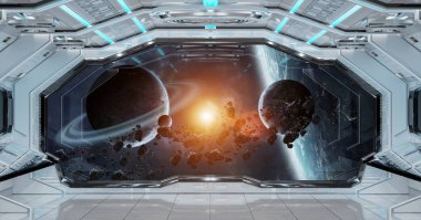 Beyaz temiz uzay gemisi iç uzak sistem 3d işleme öğeleri Nasa tarafından döşenmiş bu görüntünün üzerinde manzaralı