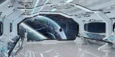 Beyaz temiz uzay gemisi iç uzak sistem 3d işleme öğeleri Nasa tarafından döşenmiş bu görüntünün üzerinde manzaralı