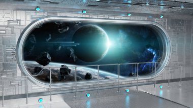 Beyaz teknik uzay gemisi yuvarlak pencere iç uzak sistem 3d işleme öğeleri Nasa tarafından döşenmiş bu görüntünün üzerinde manzaralı