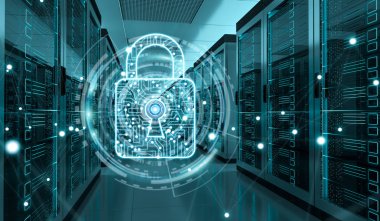 Beyaz ve mavi güvenlik duvarı sunucusu Oda veri merkezi 3d render aktif