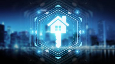 3d Render mavi arka plan üzerinde izole Emlak dijital arabirimi