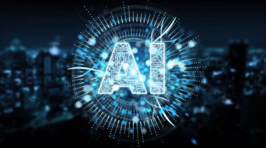 Dijital yapay zeka metin hologram üzerinde mavi şehir arka plan 3d render