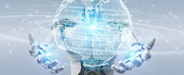 Arka plan bulanık kullanma beyaz insanımsı küre ağ hologram harita 3d render Avrupa ile