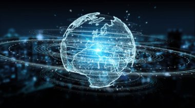 Ağ hologram Europe harita üzerinde mavi şehir arka plan 3d render ile küre