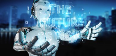 Gelecekteki karar metni arabirimi 3d rendering kullanarak arka plan bulanık beyaz cyborg kadın