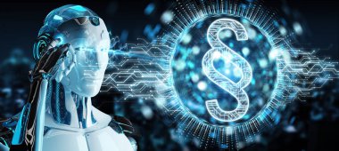 Hukuk paragraf dijital hologram 3B oluşturmayı kullanarak arka plan bulanık beyaz robot