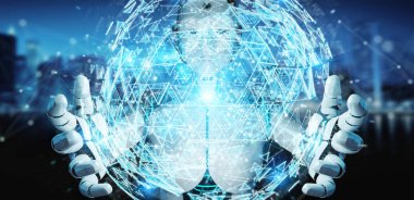 Dijital üçgen patlayan küre hologram 3B oluşturmayı kullanarak arka plan bulanık beyaz robot kadına