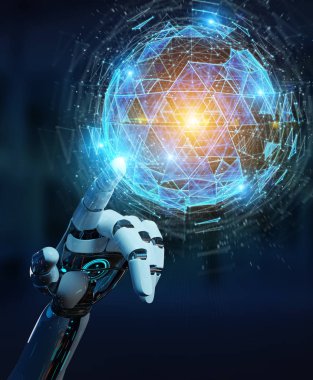 Beyaz robot el dijital üçgen küre hologram 3d render patlayan kullanarak arka plan bulanık üzerinde