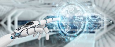 Dünya ağ hologram Amerika ABD harita 3d render ile kullanarak arka plan bulanık beyaz robot el