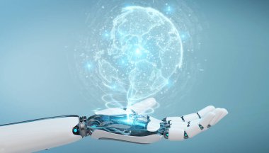 Dünya ağ hologram Amerika ABD harita 3d render ile kullanarak arka plan bulanık beyaz robot el