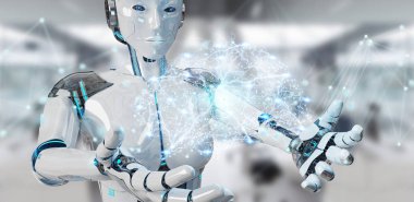Yapay zeka 3d render oluşturma bulanık arka plan üzerinde beyaz kadın insanımsı