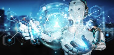 Dijital ekran arabirimi 3d rendering kullanarak arka plan bulanık beyaz kadın robot