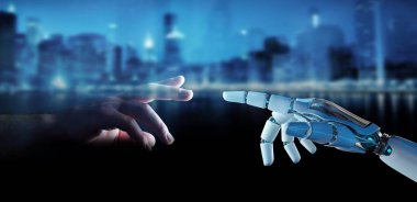 Şehir arka planda 3d render insan parmağı dokunmak beyaz cyborg parmak