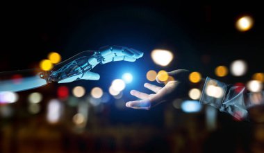 Koyu arka plan 3d render üzerinde insan eli dokunmak beyaz cyborg el