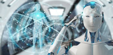 İnsan vücudu 3d render tarama arka plan bulanık beyaz adam robot