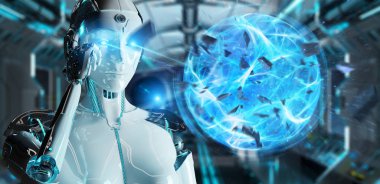 Enerji topu 3d render oluşturma arka plan bulanık beyaz kadın robot