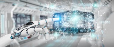 Beyaz insansı el bulanık arka plan dijital dünya hud arabirimi 3d işleme kullanarak