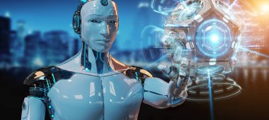 Beyaz adam dron güvenlik kamera 3B oluşturmayı kullanarak arka plan bulanık üzerinde insansı