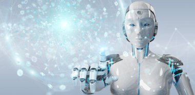 Beyaz kadın insanımsı dijital küresel ağ 3B oluşturmayı kullanarak arka plan bulanık üzerinde