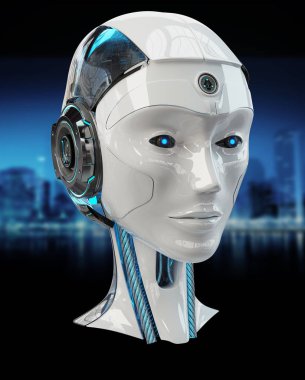 Cyborg baş yapay zeka üzerinde mavi arka plan 3d render izole