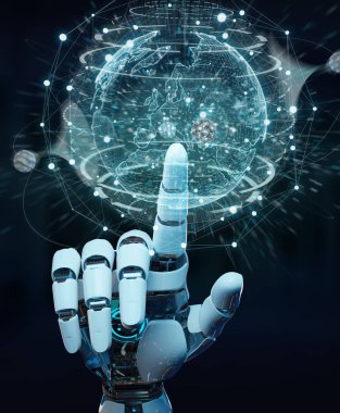 Beyaz cyborg el planet Earth arabirimi 3d rendering kullanarak arka plan bulanık üzerinde