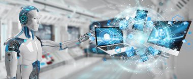 Bağlanan cihazların birlikte 3d render bulanık arka plan üzerinde beyaz cyborg