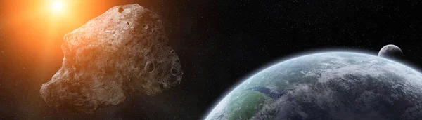 Панорамний Вид Планеті Земля Політ Астероїдів Закрити Простір Рендерінг Елементів — стокове фото
