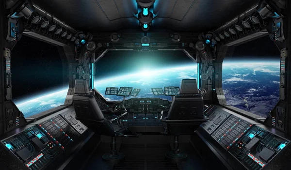 Kosmická Loď Grunge Interiér Výhledem Planetě Země Vykreslení Prvky Tohoto — Stock fotografie