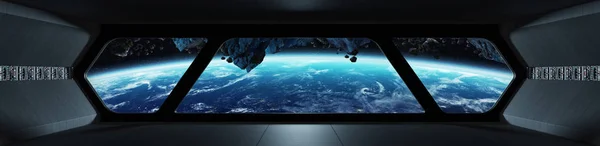 Spaceship futuristic interior with view on planet Earth 3D rendering elements of this image furnished by NASA