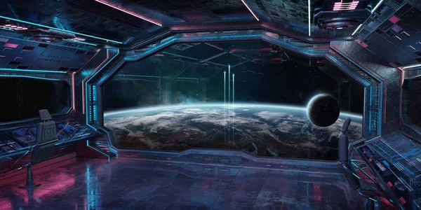 Grunge Űrhajó Kék Rózsaszín Belső Kilátással Bolygó Föld Rendering Elemei — Stock Fotó
