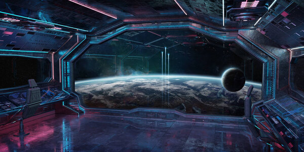 Grunge Spaceship blue and pink interior with view on planet Earth 3D rendering elements of this image furnished by NASA
