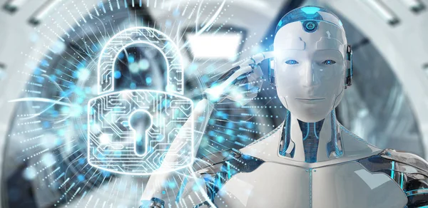 Bílé Kyborg Rozmazané Pozadí Chrání Jeho Údaje Digitální Bezpečnostní Hologram — Stock fotografie