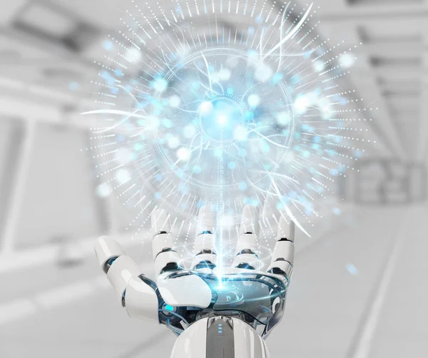 Cyborg Biały Ręką Niewyraźne Tło Pomocą Cyfrowe Oko Nadzoru Hologramem — Zdjęcie stockowe