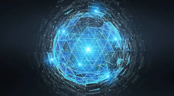 Digital Triangle Exploding Sphere Hologram Blue Grey Background Rendering — Stock Photo, Image