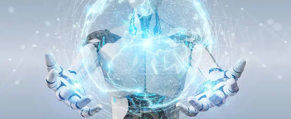 Белый Робот Размытом Фоне Помощью Цифровой Голограммы Подключения Сферы Рендеринг — стоковое фото