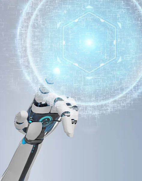 Weiße Roboterhand Auf Verschwommenem Hintergrund Mit Digitalem Sphere Connection Hologramm — Stockfoto