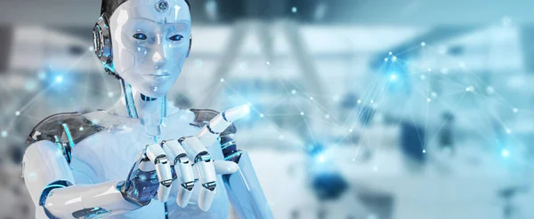 Weiße Roboterin Auf Verschwommenem Hintergrund Mit Digitaler Netzwerkverbindung Rendering — Stockfoto