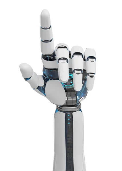 Weißer Cyborg Zeigt Mit Dem Finger Isoliert Auf Weißem Hintergrund — Stockfoto