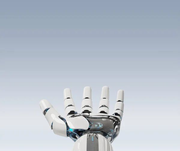 White cyborg opening his hand isolated on grey background 3D rendering