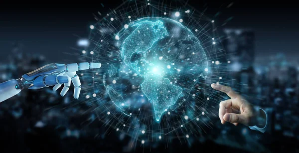 Beyaz cyborg el planet Earth arabirimi 3d rendering kullanarak arka plan bulanık üzerinde