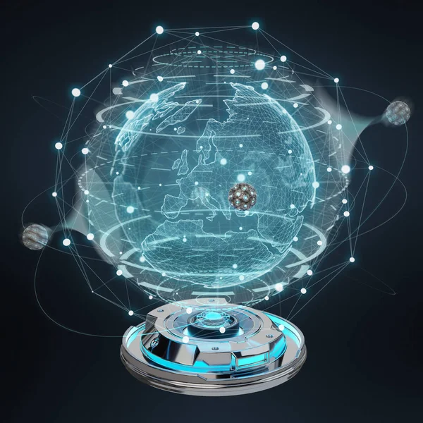 Globe network hologram projector with digital connection on dark background 3D rendering