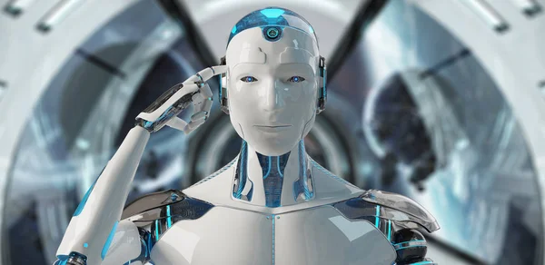 Vita Manliga Cyborg Tänkande Och Att Röra Huvudet Rymdskepp Bakgrund — Stockfoto