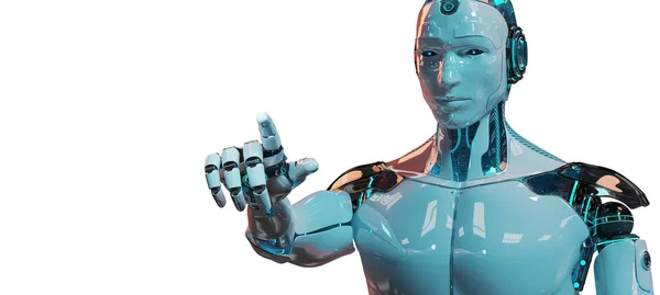 Vita Manliga Cyborg Pekande Fingret Isolerad Vit Bakgrund Rendering — Stockfoto