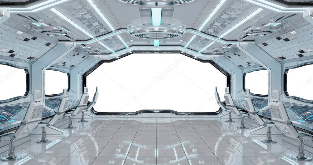 White clean spaceship interior with white background 3D rendering