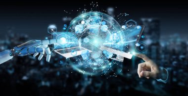 Bağlanan cihazların birlikte 3d render arka plan bulanık beyaz cyborg yandan