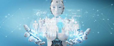 Bir grup insan 3d render kontrol bulanık arka plan üzerinde beyaz cyborg